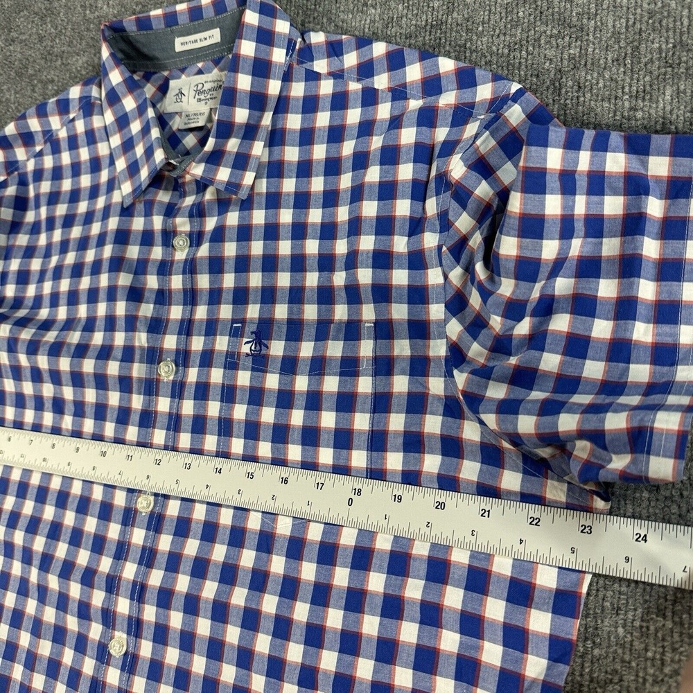 Penguin Shirt Mens XL‎ Blue Heritage Slim Fit Check Short Sleeve Button - Picture 6 of 8